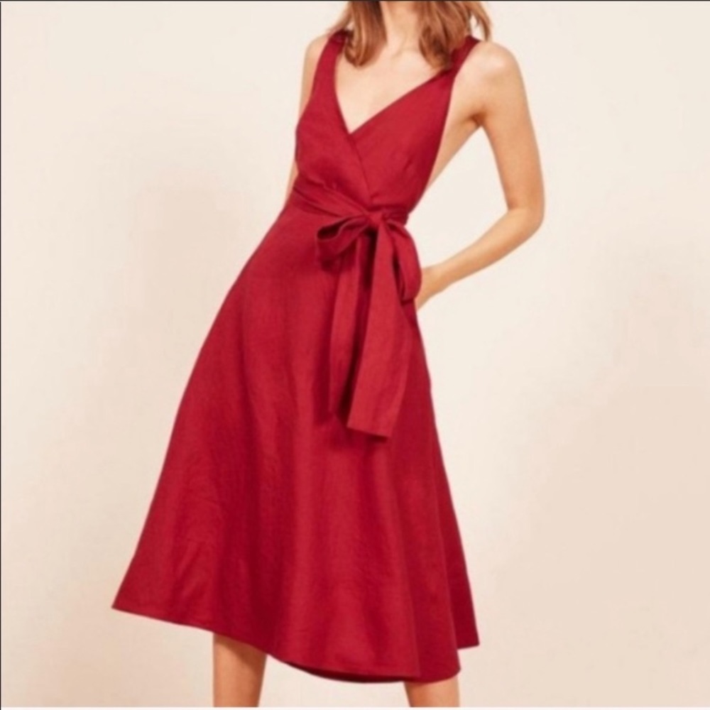 NWT Reformation Maggie Cherry Ref linen midi wrap dress size M